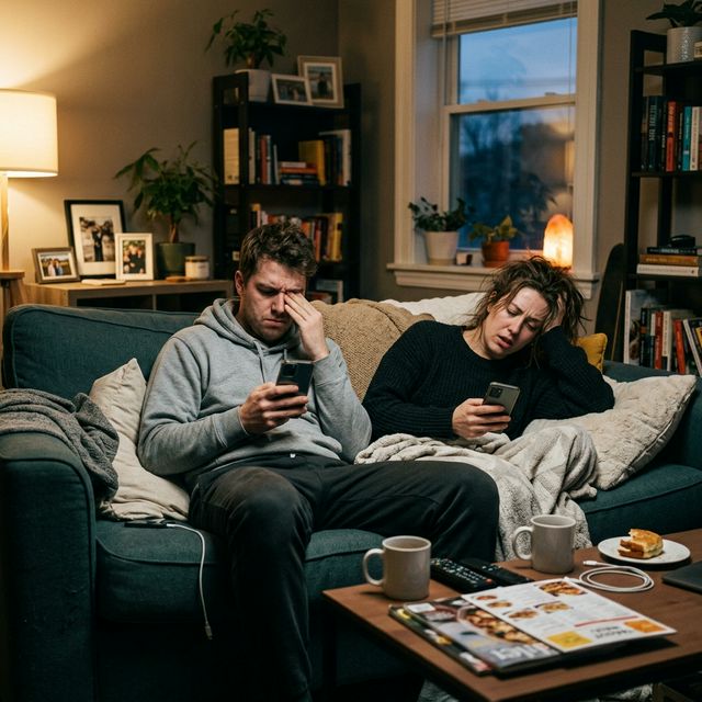 Frustrated couple on couch trying to decide on dinner