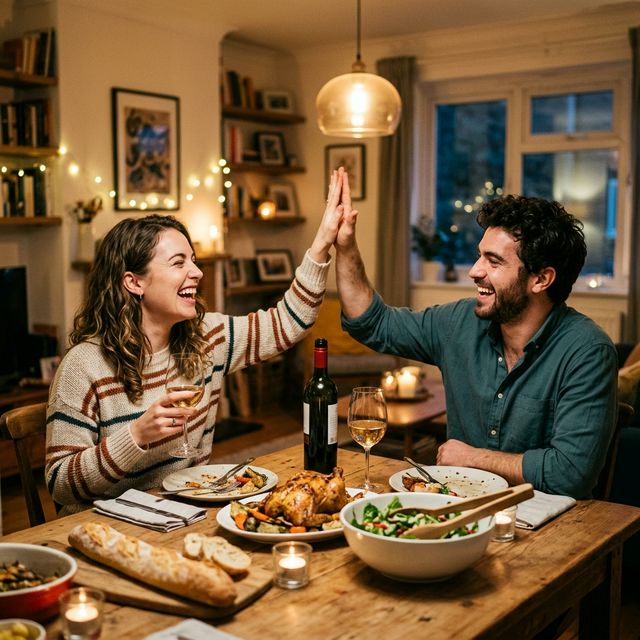 Happy couple enjoying dinner without stress